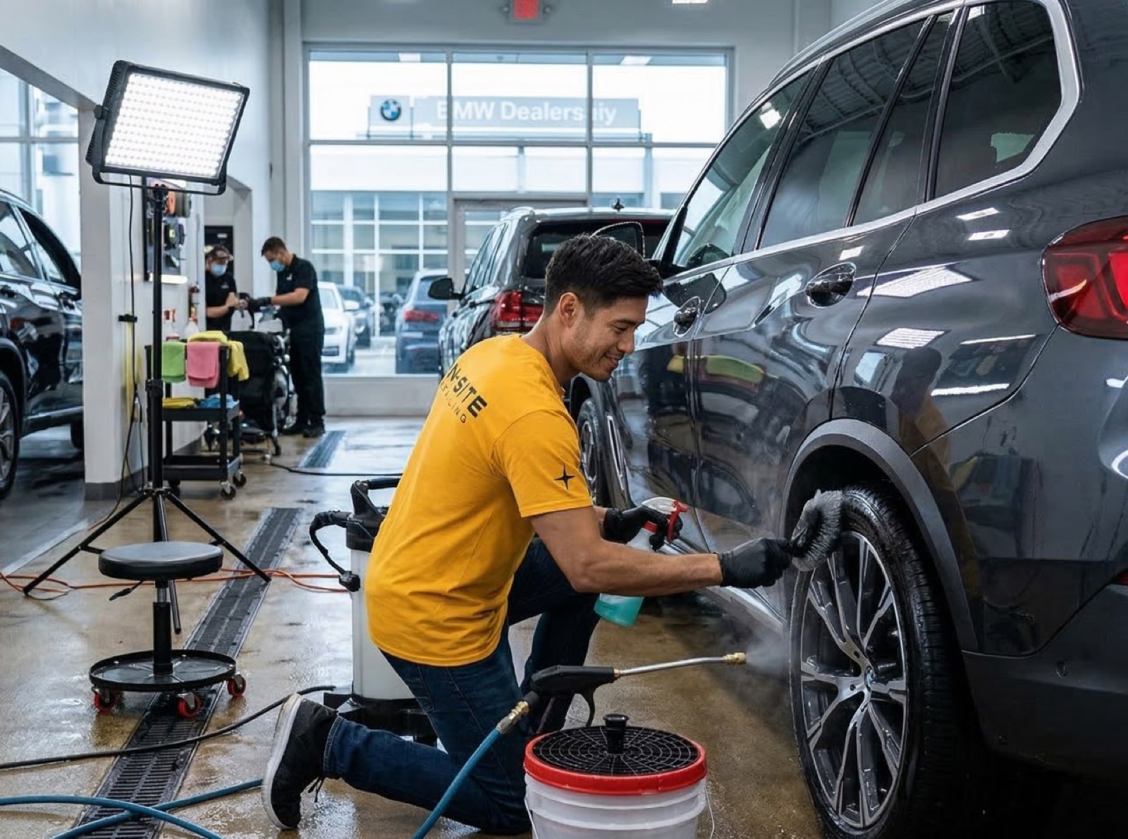 On-Site Detailing technician in yellow shirt detailing a BMW at a dealership