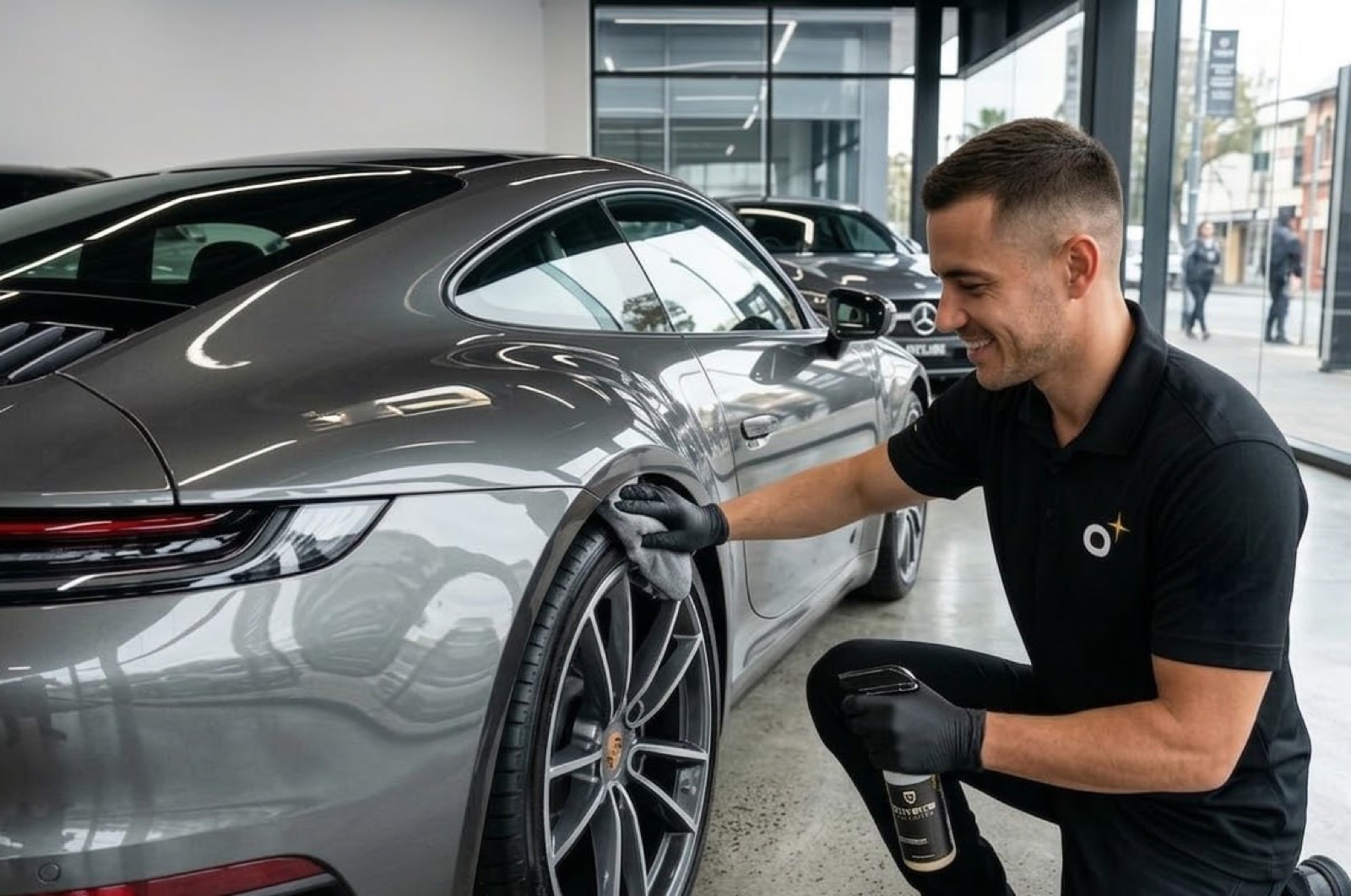 Technician detailing a Porsche 911 wheel at a dealership