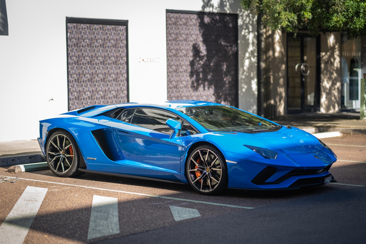 Blue Lamborghini Aventador on an upscale Main Line street — auto detailing Wayne PA